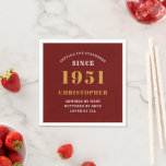 70th Birthday 1951 Red Gold For Him Personalised Napkin<br><div class="desc">A personalised classic red paper napkin design for that birthday celebration for a special person born in 1951 and turning 70. Add the name to this vintage retro style, white and gold design for a custom 70th birthday gift. Easily edit the name and year with the template provided. A wonderful...</div>