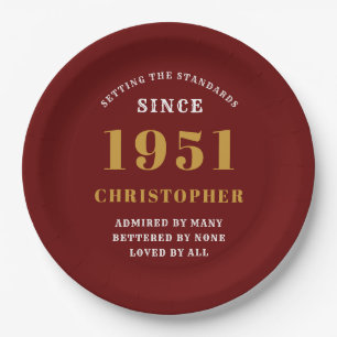 70th Birthday 1951 Red Gold Love Personalised Paper Plate