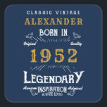 70th Birthday 1952 Add Name Legendary Blue Gold  Square Sticker<br><div class="desc">For those celebrating their birthday we have the ideal birthday stickers. The blue background with a white and gold design is simple and yet elegant with a retro feel. Easily customise the text of this birthday using the template provided. More gifts and party supplies available with the "Legendary" design in...</div>