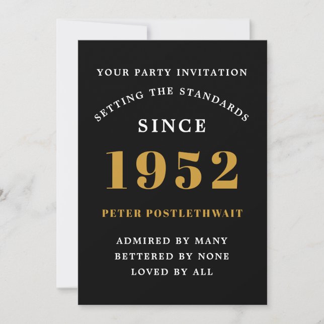70th Birthday 1952 Black Gold Elegant Chic Invitation (Front)