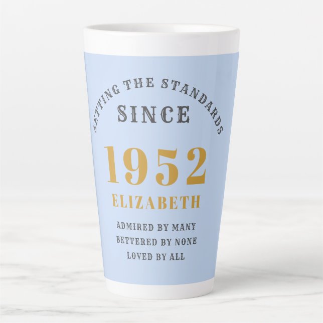 70th Birthday 1952 Elegant Blue Grey Gold Chic Latte Mug (Front)