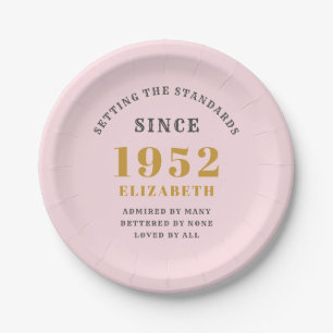 70th Birthday 1952 Elegant Gold Pink Grey Paper Plate