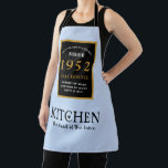 70th Birthday 1952 Name Elegant Black Gold Blue Apron<br><div class="desc">A wonderful birthday black and gold design on an apron for that special celebration. Easily customise the text using the template provided. Part of the setting standards range of birthday supplies.</div>