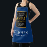 70th Birthday 1952 Name Elegant Black Gold Blue Apron<br><div class="desc">A wonderful birthday black and gold design on an apron for that special celebration. Easily customise the text using the template provided. Part of the setting standards range of birthday supplies.</div>