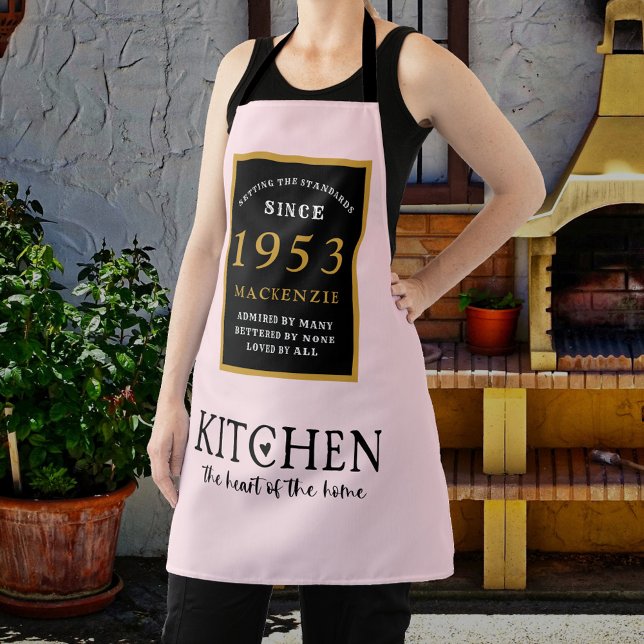 70th Birthday 1953 Name Elegant Black Gold Pink Apron (Creator Uploaded)