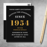 70th Birthday 1954 Black Gold Invitation Postcard<br><div class="desc">Elegant Black and Gold 70th Birthday Invitation - Create Your Own Personalised Design. Setting the stage for a remarkable celebration starts with the perfect invitation. Our elegant black and gold 70th birthday invitation is the perfect choice for this milestone event. Bathed in black for a touch of sophistication and adorned...</div>