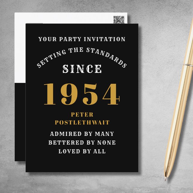 70th Birthday 1954 Black Gold Invitation Postcard (Elegant Black and Gold 70th Birthday Invitation - Create Your Own Personalized Design.)