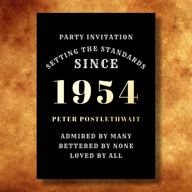 70th Birthday 1954 Black Gold Personalised For Him (Elegant Black and Gold Foil 70th Birthday Invitation - Create Your Own Personalized Design.)