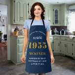 70th Birthday 1955 Name Chic Elegant Blue Apron<br><div class="desc">Elegant blue chic apron - 70th Birthday 1955 Name Personalised Kitchen & BBQ Essentials. Celebrate a fabulous birthday with style and practicality! This elegant chic apron is the perfect accessory for the culinary enthusiast in your life. Its eye-catching design, enhanced with a touch of class, adds a charming vibe to...</div>