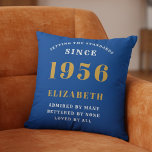 70th Birthday 1956 Add Name Blue Gold Personalized Cushion<br><div class="desc">Celebrate a remarkable milestone with this elegant and modern Personalized 70th Birthday Throw Pillow, the perfect gift for someone born in 1956 This custom accent pillow features the striking, bold text "BORN 1956", for that person loved for 70 years (and counting)" and allows you to add a custom name (e.g.,...</div>
