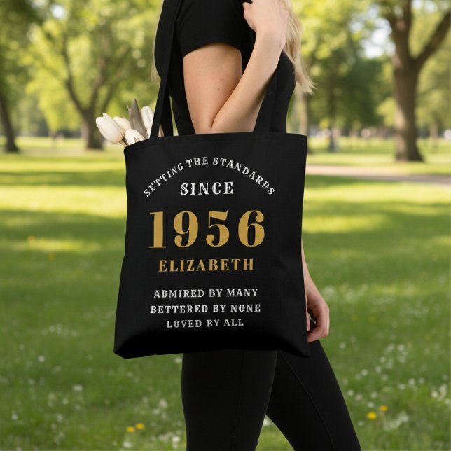 70th Birthday 1956 Black Gold For Her Personalized Tote Bag (Born 1956 birthday tote bag. Background out of focus.)