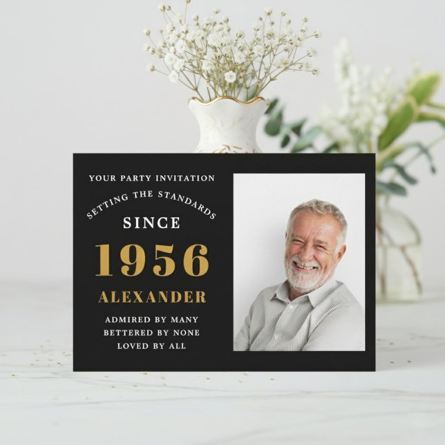 70th Birthday 1956 Black Gold Personalized Photo Invitation (1956 birthday invitation. White background with flowers.)