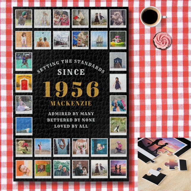 70th Birthday 1956 Family Memories Photo Collage Jigsaw Puzzle (1956 photo collage jigsaw puzzle. Background red and white check tablecloth)