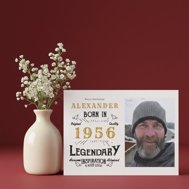 70th Birthday 1956 Legend White & Gold Photo Invitation (Born 1956 birthday invitation.)