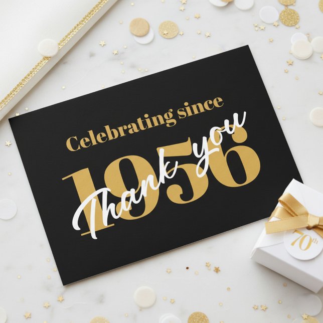 70th Birthday 1956 Retro Black And Gold Thank You Card (1956 thank you card. White and gold background)