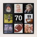 70th birthday 70 photo collage guy man black jigsaw puzzle<br><div class="desc">A gift for a man's 70th birthday,  celebrating his life with a collage of 8 of your photos.  Templates for age 70 and a date.  Date of birth or the date of the anniversary.  White colored letters.  Black background.</div>