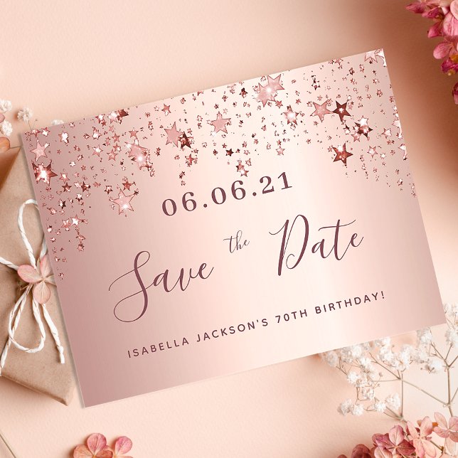 70th birthday 70 rose gold stars save the date postcard (Creator Uploaded)