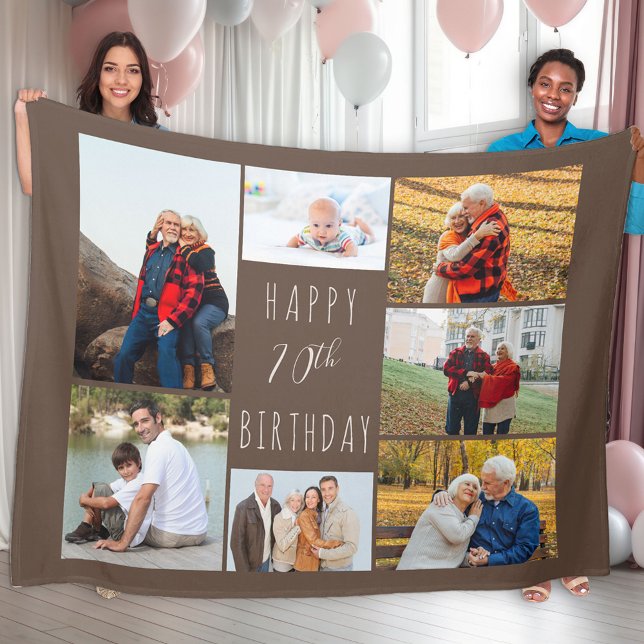 70th Birthday 7 Photo Collage Brown Fleece Blanket (Creator Uploaded)
