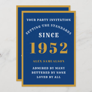 70th Birthday Add Name 1952 Elegant Chic Blue Gold Invitation