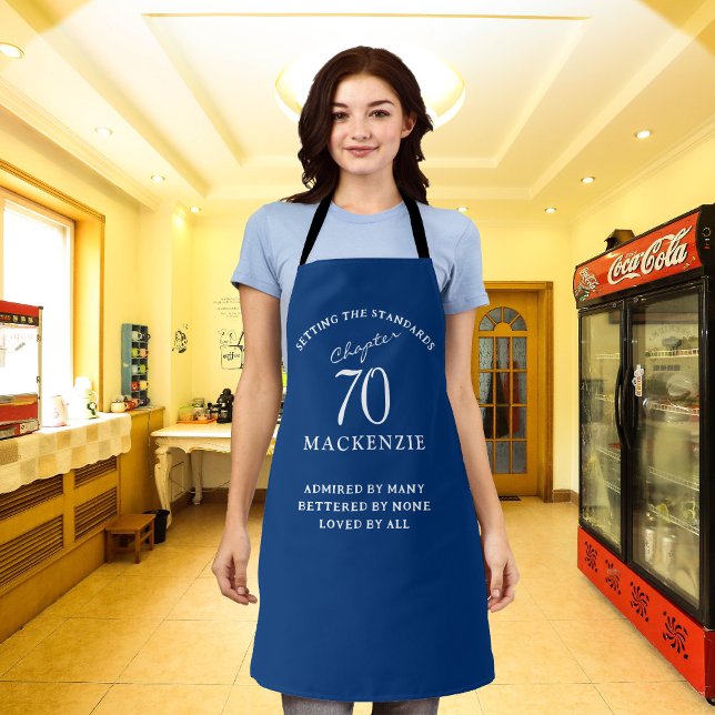 70th Birthday Add Name Elegant Blue and White Apron (Creator Uploaded)