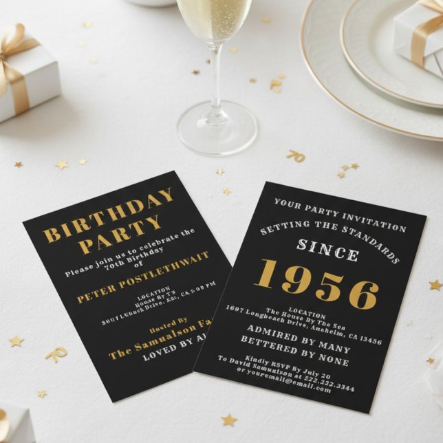70th Birthday Add Name Year Black Gold For Him Invitation (1956 invite. White background. )