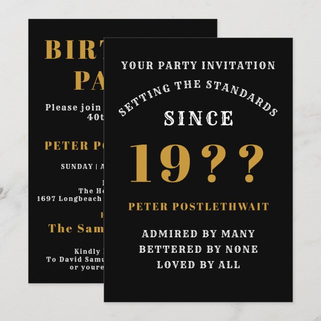70th Birthday Add Name Year Black Gold For Him Invitation (Front/Back)