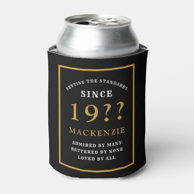 70th Birthday Add Name Year Elegant Black Gold Can Cooler (Can Front)