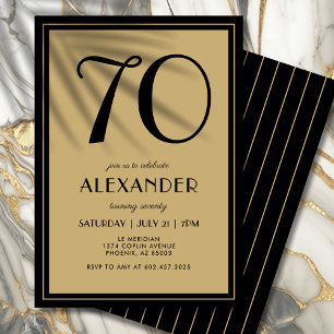 70th Birthday Adult Black and Gold Modern Minimal Invitation