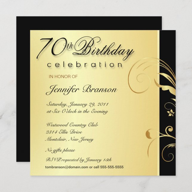 70th Birthday Adult - Elegant Gold Floral Invites (Front/Back)