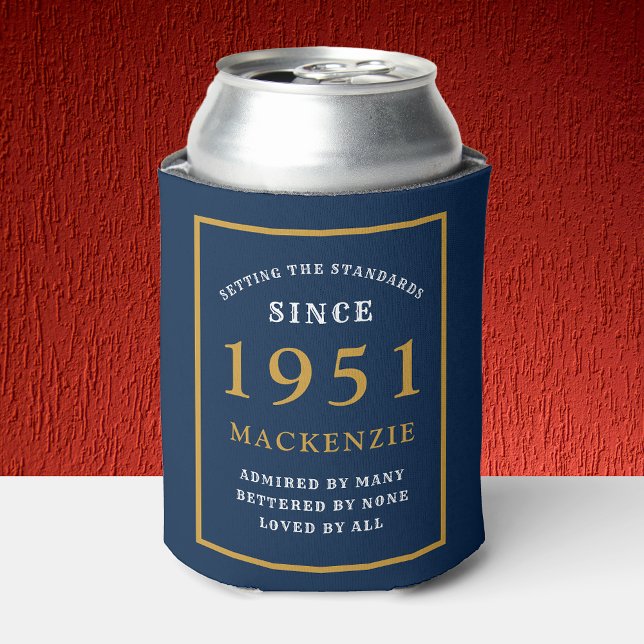 70th Birthday Any Year Or Name Elegant Blue Gold Can Cooler (Creator Uploaded)