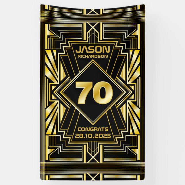 70th Birthday Art Deco Gold Black Great Gatsby Banner (Vertical)
