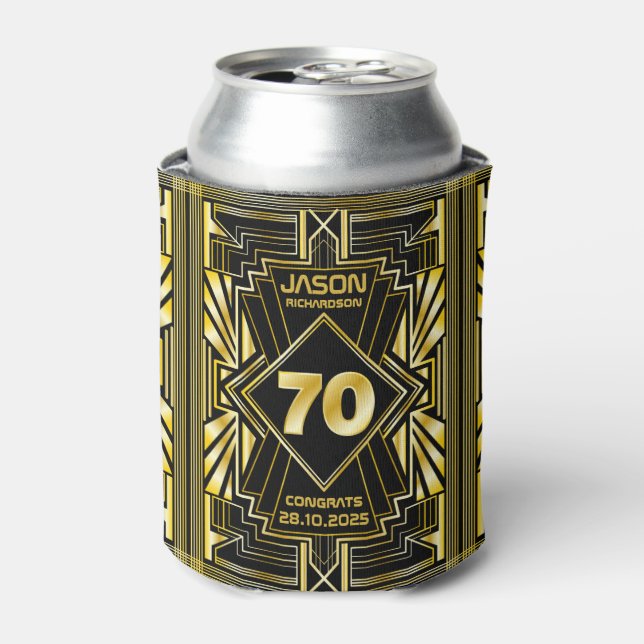 70th Birthday Art Deco Gold Black Great Gatsby Can Cooler (Can Front)