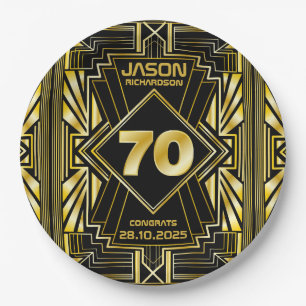 70th Birthday Art Deco Gold Black Great Gatsby Paper Plate