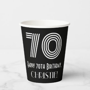 70th Birthday — Art Deco Inspired Look “70” + Name Paper Cups