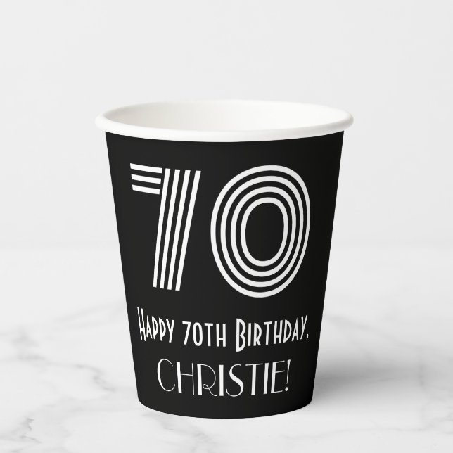 70th Birthday — Art Deco Inspired Look “70” + Name Paper Cups (Front)