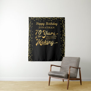 70th Birthday Backdrop Black Gold Confetti Tapestry