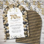 70th Birthday Balloon Gold Black Sparkle Invitation<br><div class="desc">This elegant 70th birthday invitation features sparkling glitter balloon arch in various shades of gold and black with gold balloon number 70th. Falling streamers and confetti in black and gold complete the party vibe. Back features gold sparkling background and black stripes. Easy to customise by clicking "Personalise".</div>