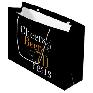 70th Birthday Beers and Cheers Black Gold Party Large Gift Bag