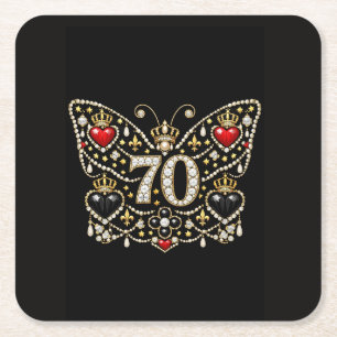70th birthday bejewelled diamonds butterfly square paper coaster