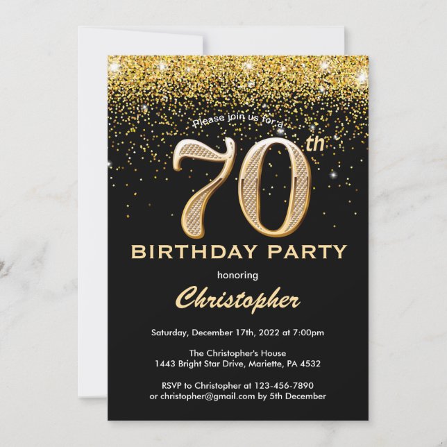 70th Birthday Black and Gold Glitter Confetti Invitation (Front)