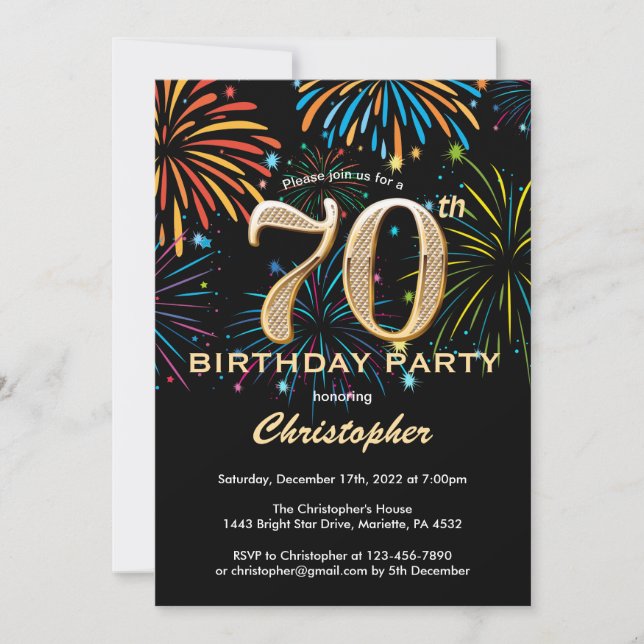 70th Birthday Black and Gold Rainbow Fireworks Invitation (Front)
