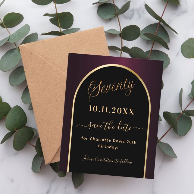 70th birthday black burgundy budget save the date flyer (Creator Uploaded)