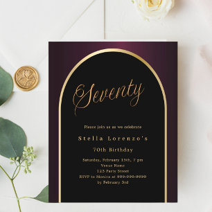 70th birthday black burgundy gold arch invitation