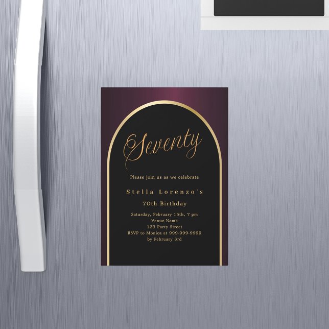 70th birthday black burgundy gold arch luxury magnetic invitation (Creator Uploaded)
