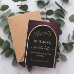 70th birthday black burgundy gold arch save the date<br><div class="desc">A Save the Date card for a 70th birthday party.  A black and burgundy background,  decorated with a faux gold arch. Personalise and add a date and your name. The text: Seventy and Save the Date is written with a large trendy hand lettered style script.</div>