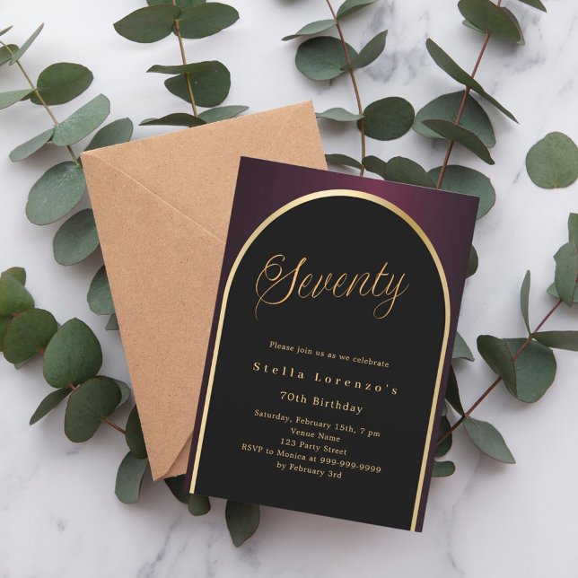 70th birthday black burgundy gold arch script invitation (Creator Uploaded)