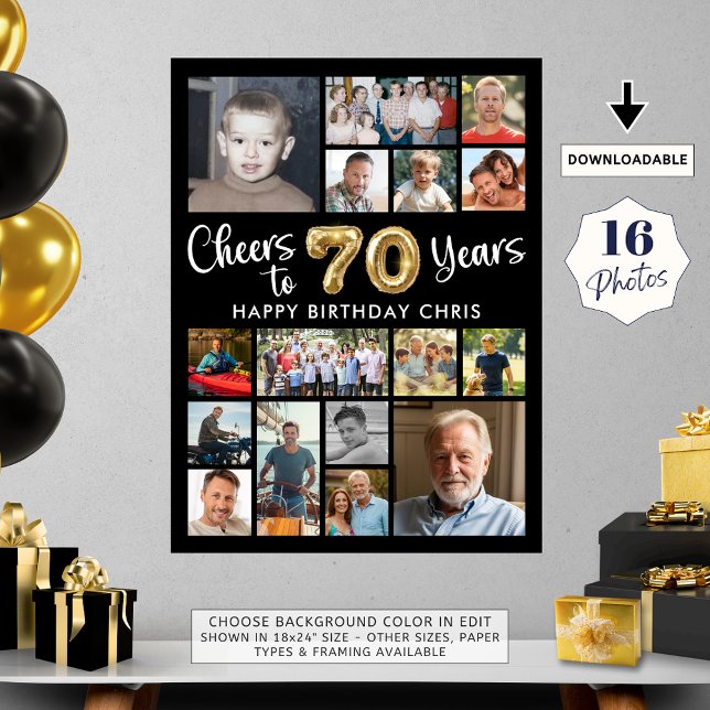70th Birthday Black Gold 16 Photo Cheers to Years Poster (Creator Uploaded)