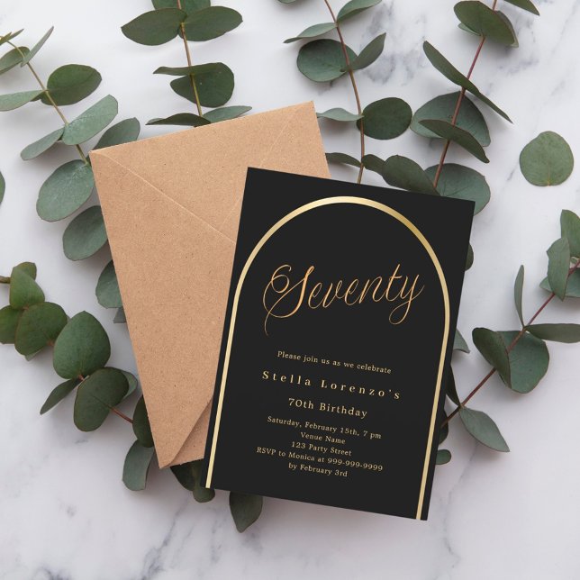 70th birthday black gold arch elegant script invitation (Creator Uploaded)