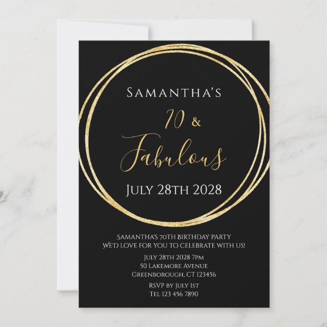 70th Birthday Black Gold Birthday Invitation (Front)