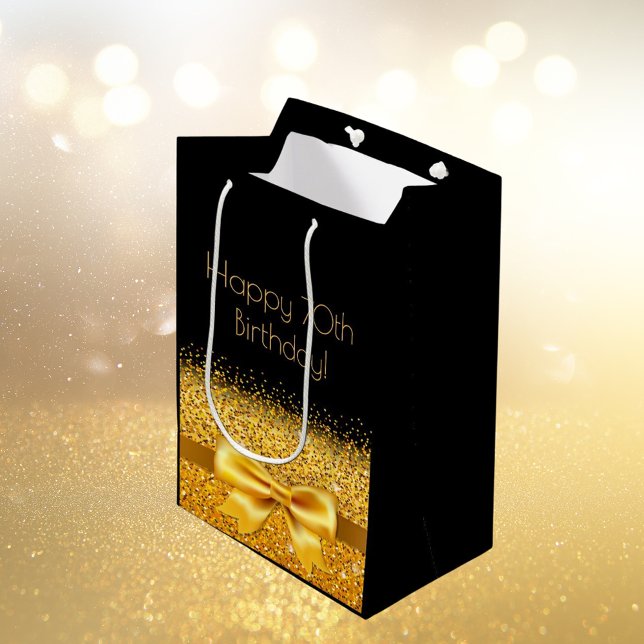 70th birthday black gold bow medium gift bag (Creator Uploaded)